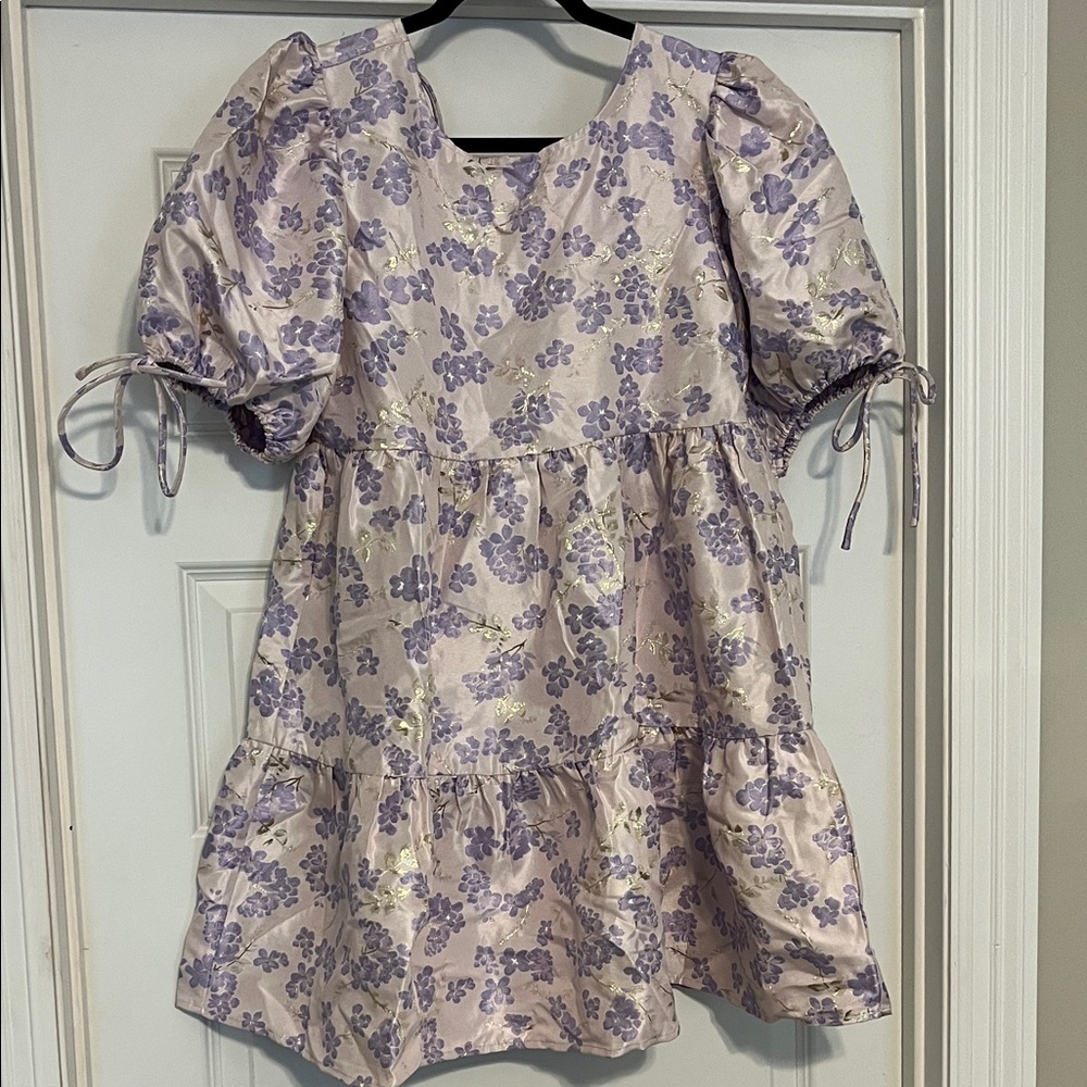 Day + Moon Mini Puff Sleeve Dress in blush/lavender/gold